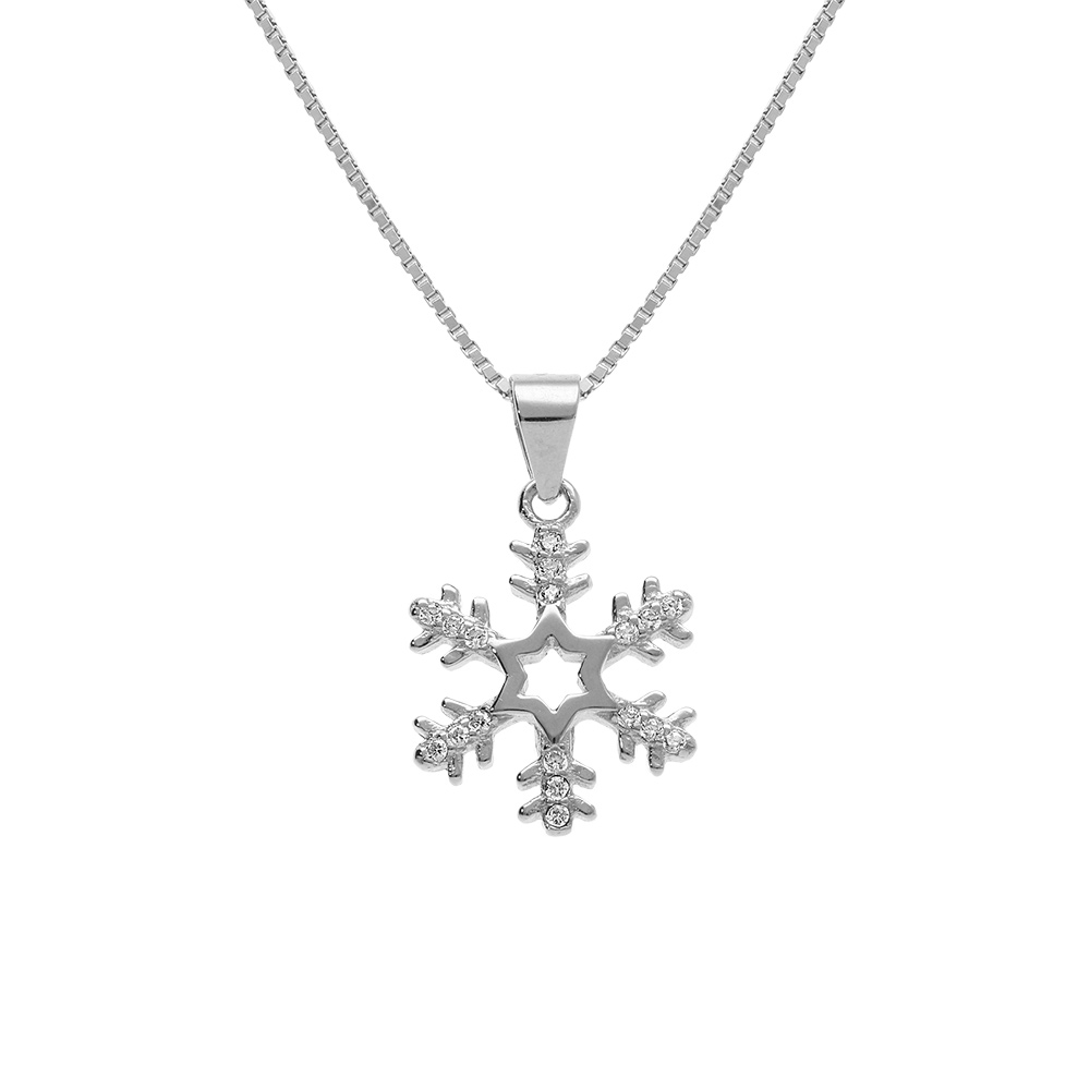 Collier en argent rhodi� pendentif flocon de neige avec oxydes blancs sertis 42+3cm - Vue 1