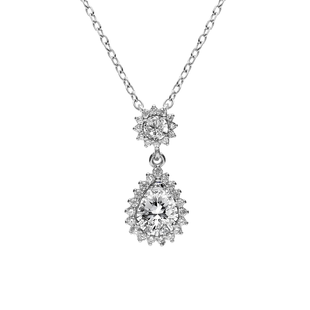 Collier en argent rhodi� pendentif goutte avec oxydes blancs et contour oxydes blancs sertis - 42+3cm - Vue 1