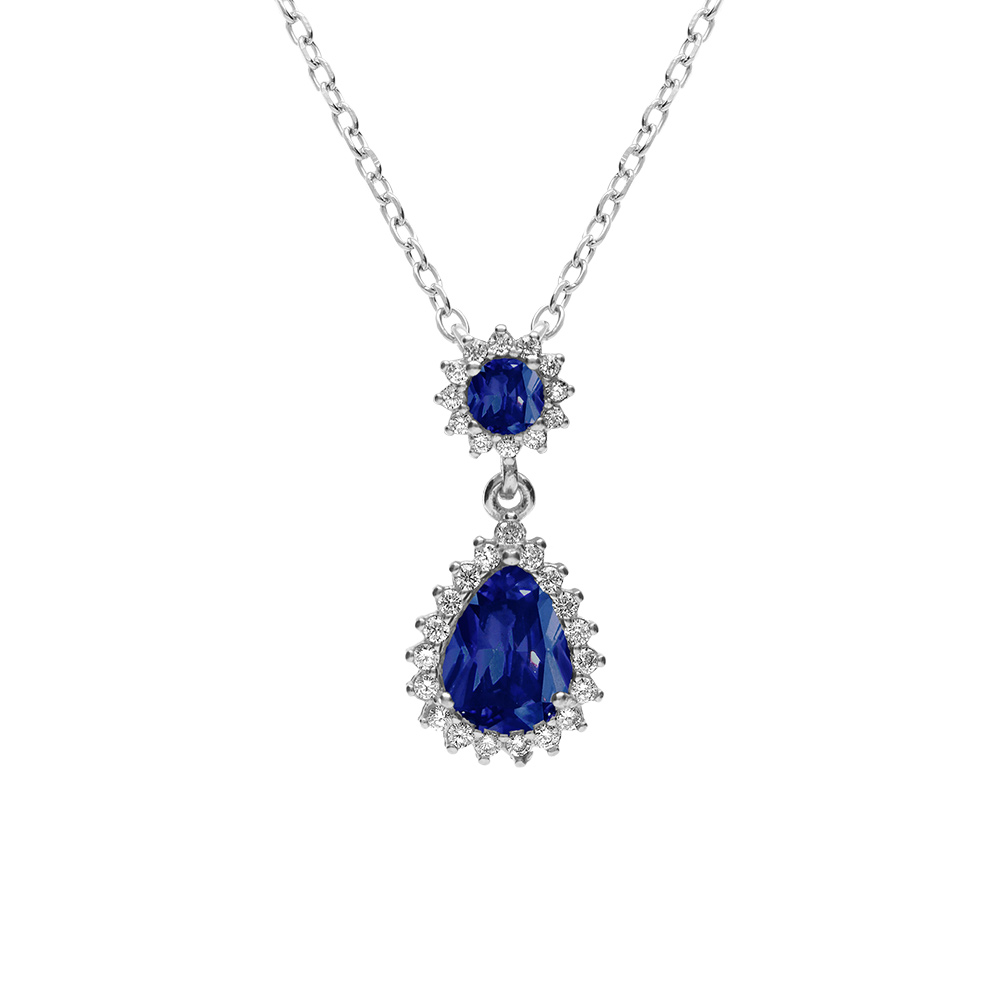 Collier en argent rhodi� pendentif goutte avec oxydes bleu et contour oxydes blancs sertis - 42+3cm - Vue 1