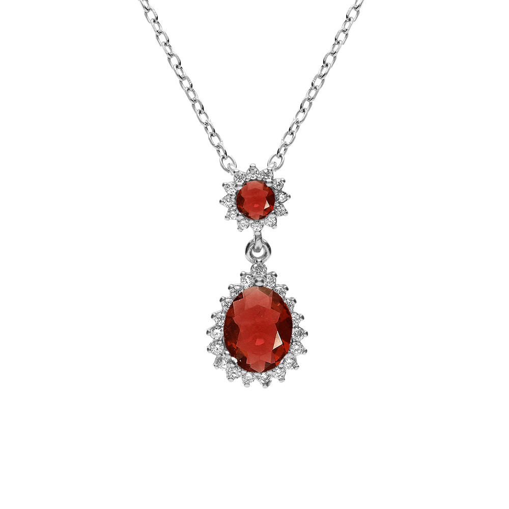 Collier en argent rhodi� pendentif goutte par� d\'oxydes rouges et contour d\'oxydes blancs sertis - 42+3cm - Vue 1