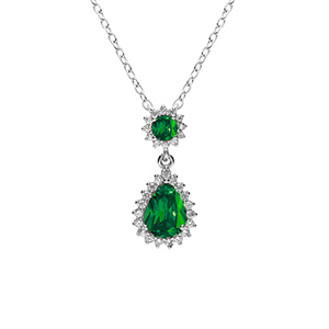 Collier en argent rhodi pendentif goutte par d'oxydes vert et contour d'oxydes blancs sertis - 42+3cm