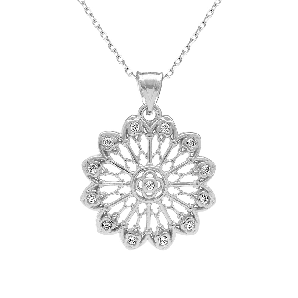 Collier en argent rhodi� pendentif motif fleur ajour�e avec oxydes blancs sertis  - 40+5cm - Vue 1