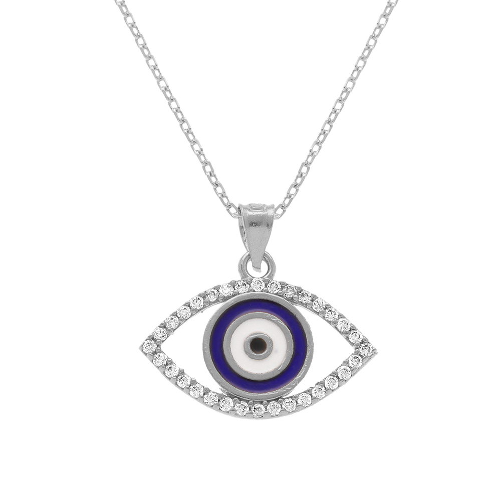 Collier en argent rhodi� pendentif oeil de la chance contour orn� d\'oxydes blancs - 40+5cm - Vue 1