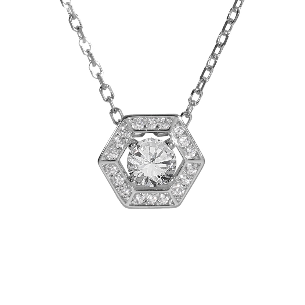 Collier en argent rhodi� pendentif oxyde blanc et contour oxydes blancs 42+3cm - Vue 1
