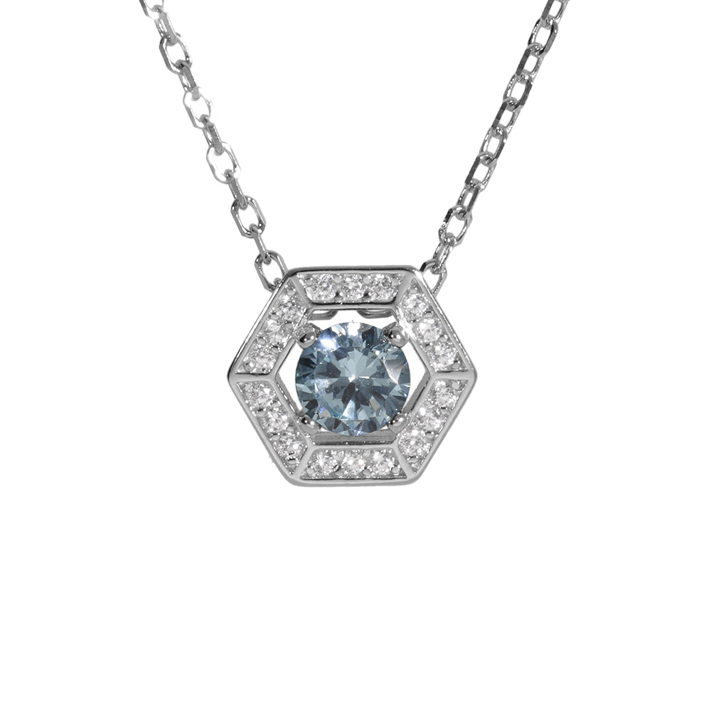 Collier en argent rhodi� pendentif oxyde bleu ciel et contour oxydes blancs 42+3cm - Vue 1