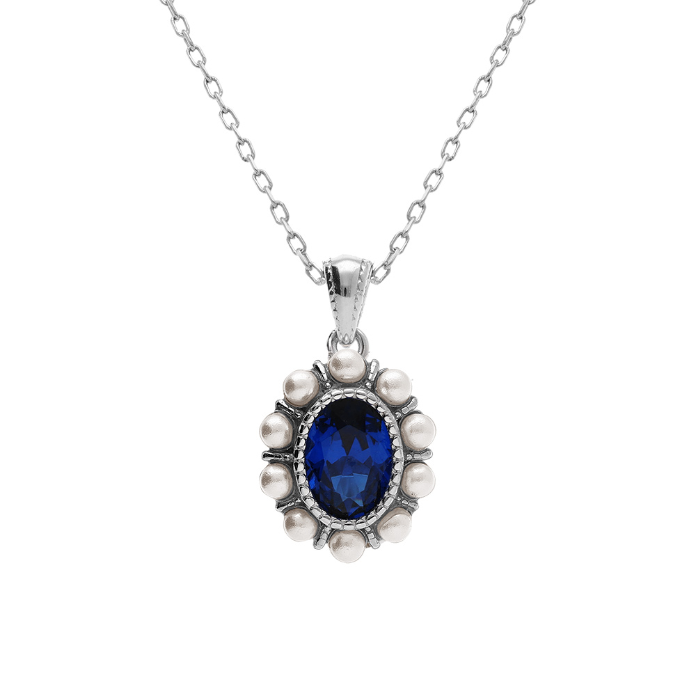 Collier en argent rhodi� pendentif oxyde central bleu et contour perle blanche imitation  - 42+3cm - Vue 1