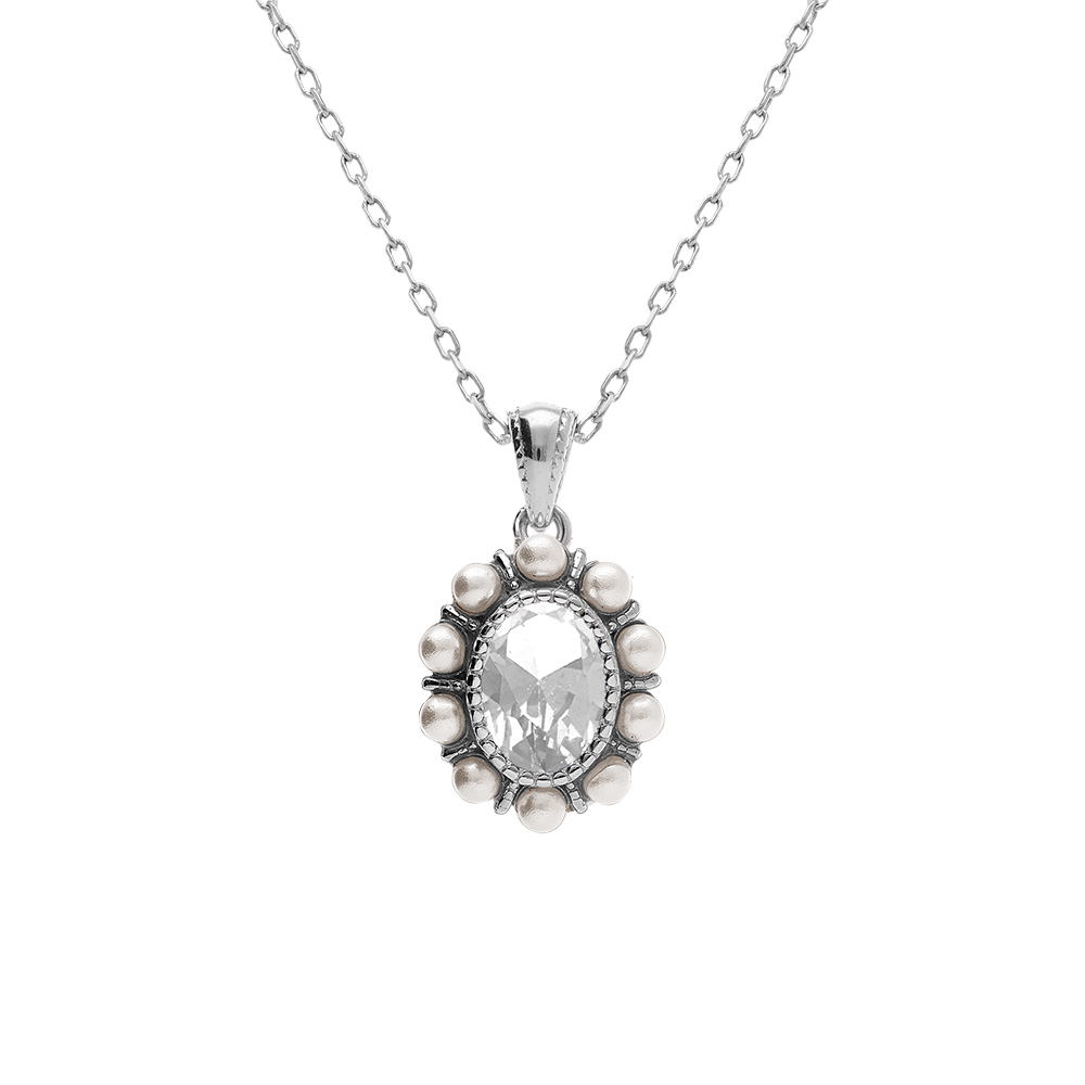 Collier en argent rhodi� pendentif oxyde centrale blanc et contour de perles blanches imitation - 42+3cm - Vue 1