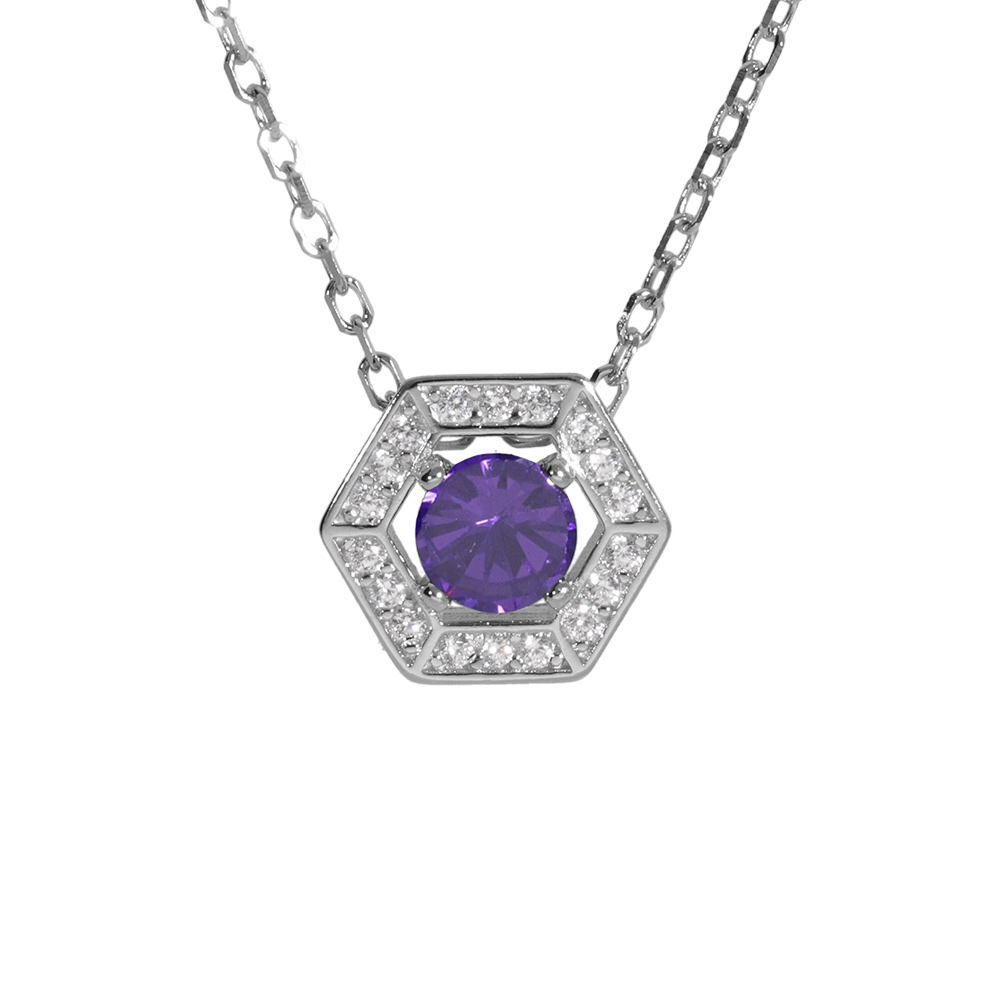 Collier en argent rhodi pendentif oxyde violet et contour oxydes blancs 42+3cm - Vue 1