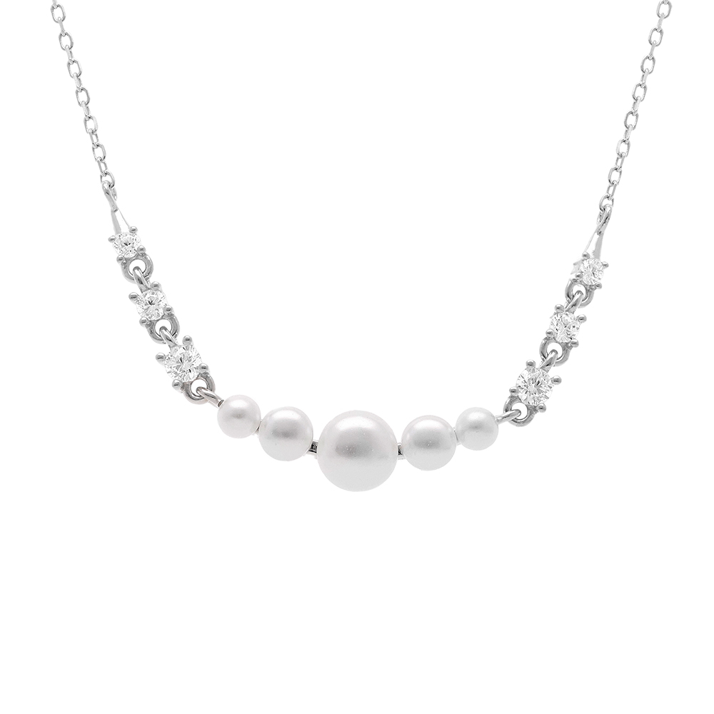 Collier en argent rhodi� pendentif 5 perles blanches imitation et oxydes blancs - 42+3cm - Vue 1