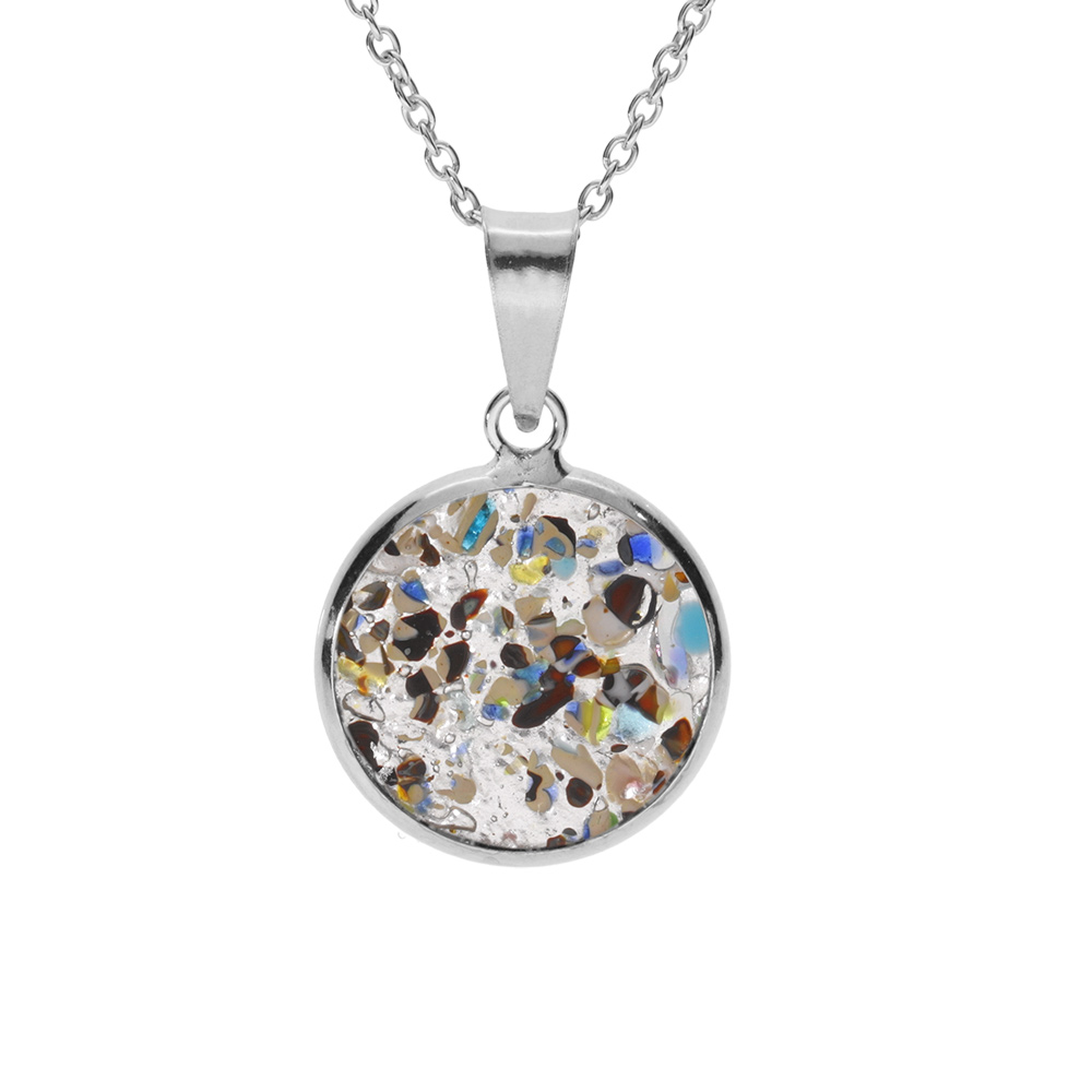 Collier en argent rhodi� pendentif rond 15mm Murano v�ritable bor�ale 40+5cm - Vue 1