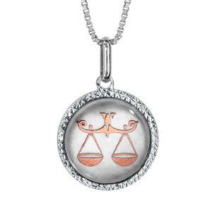 Collier en argent rhodi pendentif rond nacre blanche vritable zodiaque balance dorure rose 42cm + 3cm - Vue 1