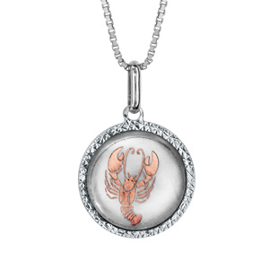 Collier en argent rhodi pendentif rond nacre blanche vritable zodiaque cancer dorure rose 42cm + 3cm - Vue 1