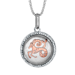 Collier en argent rhodi pendentif rond nacre blanche vritable zodiaque capricorne dorure rose 42cm + 3cm - Vue 1