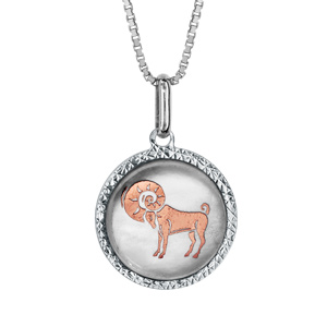 Collier en argent rhodi pendentif rond nacre blanche vritable zodiaque dorure rose blier 42cm + 3cm - Vue 1