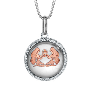 Collier en argent rhodi pendentif rond nacre blanche vritable zodiaque gmeaux dorure rose 42cm + 3cm - Vue 1