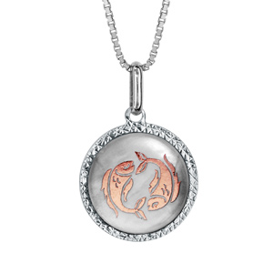 Collier en argent rhodi pendentif rond nacre blanche vritable zodiaque poissons dorure rose 42cm + 3cm - Vue 1