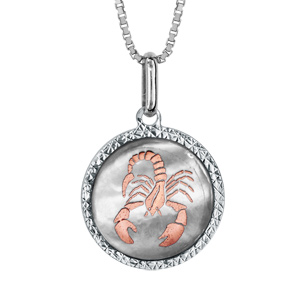 Collier en argent rhodi pendentif rond nacre blanche vritable zodiaque scorpion dorure rose 42cm + 3cm - Vue 1