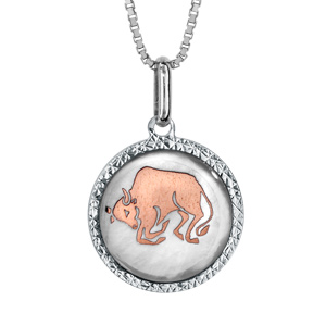 Collier en argent rhodi pendentif rond nacre blanche vritable zodiaque taureau dorure rose 42cm + 3cm - Vue 1