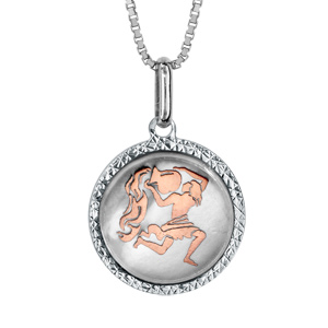 Collier en argent rhodi pendentif rond nacre blanche vritable zodiaque verseau dorure rose 42cm + 3cm - Vue 1