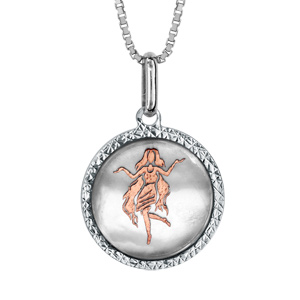 Collier en argent rhodi pendentif rond nacre blanche vritable zodiaque vierge dorure rose 42cm + 3cm - Vue 1