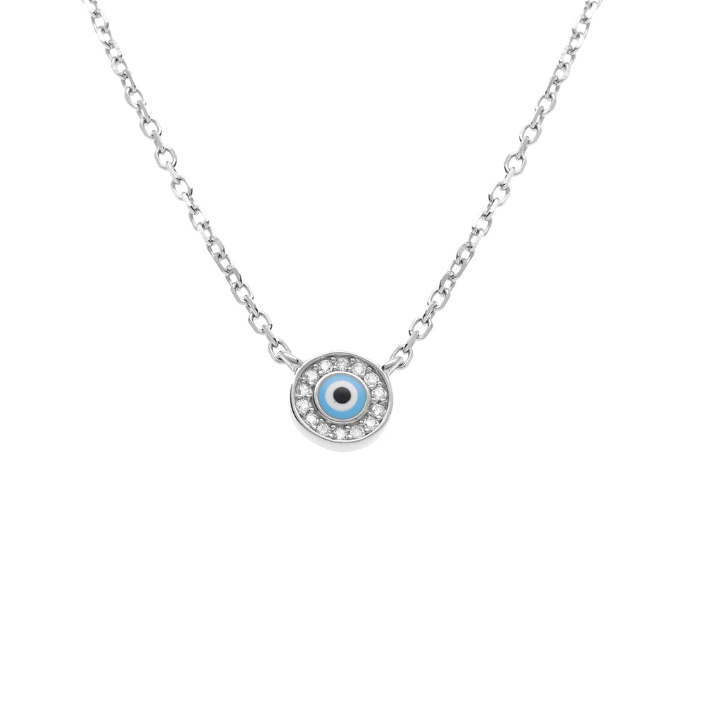 Collier en argent rhodi� pendentif rond oeil de la chance avec oxydes blancs sertis  - 40+4cm - Vue 1