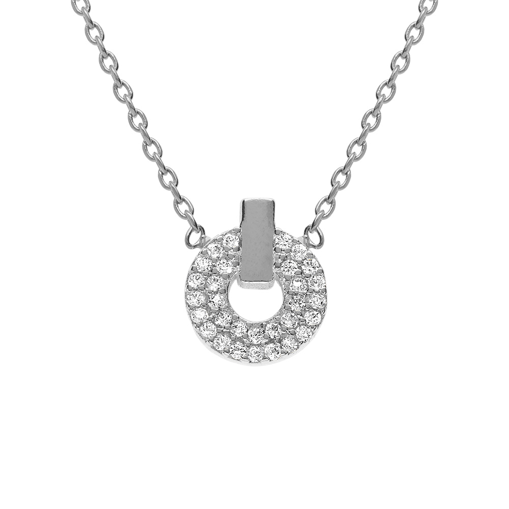 Collier en argent rhodi pendentif rond oxydes blancs sertis 38+4cm - Vue 1