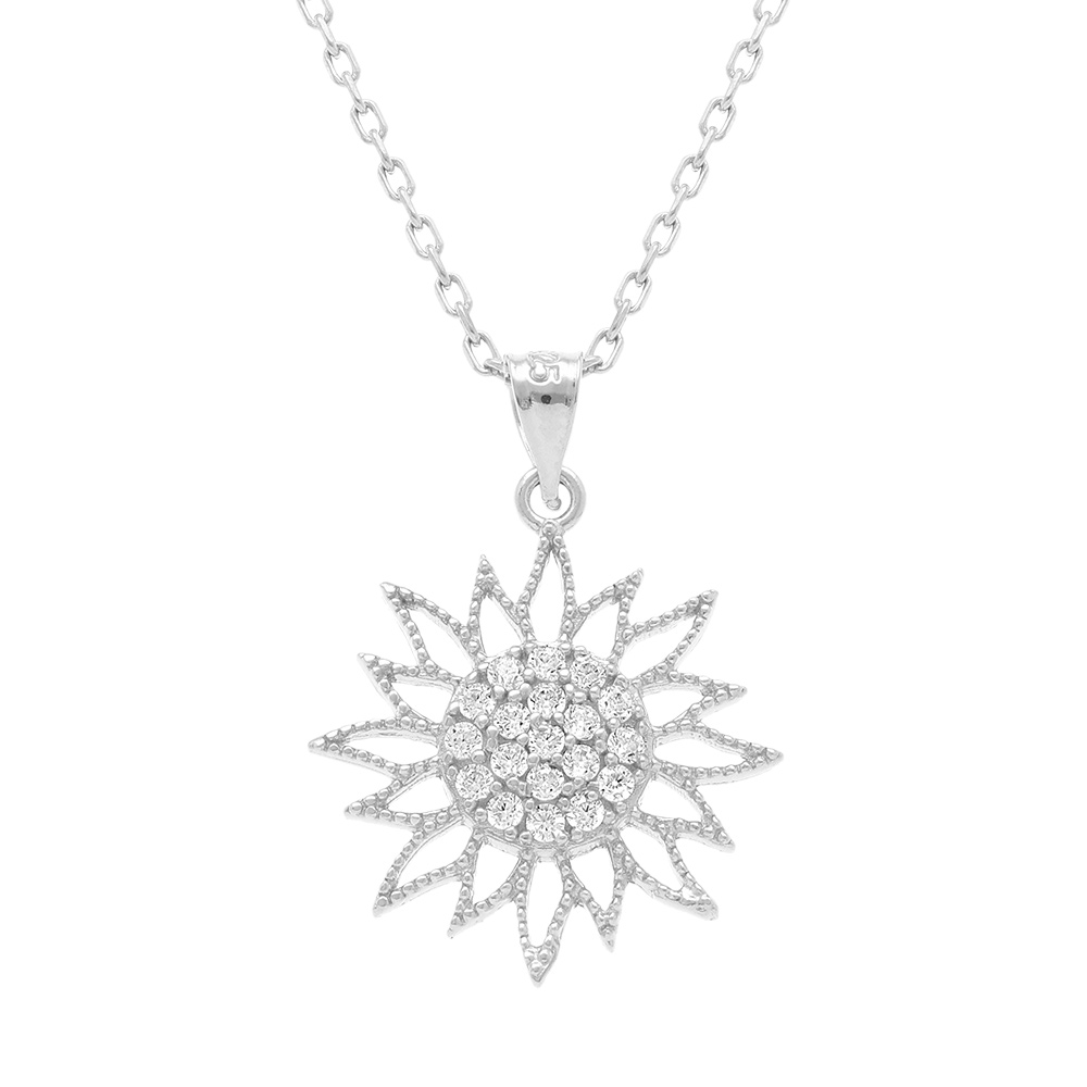 Collier en argent rhodi� pendentif soleil 15mm oxydes blancs au centre - 40+5cm - Vue 1
