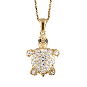 Collier en argent rhodié pendentif tortue pierres blanches - 42+3cm - Vue 1