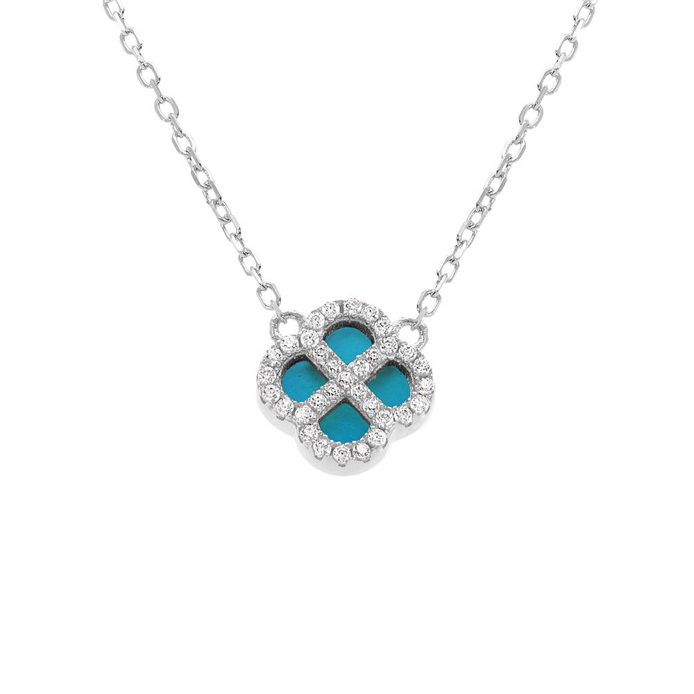 Collier en argent rhodi� pendentif tr�fle agate bleu turquoise v�ritable contour oxydes blancs - 40+5cm - Vue 1