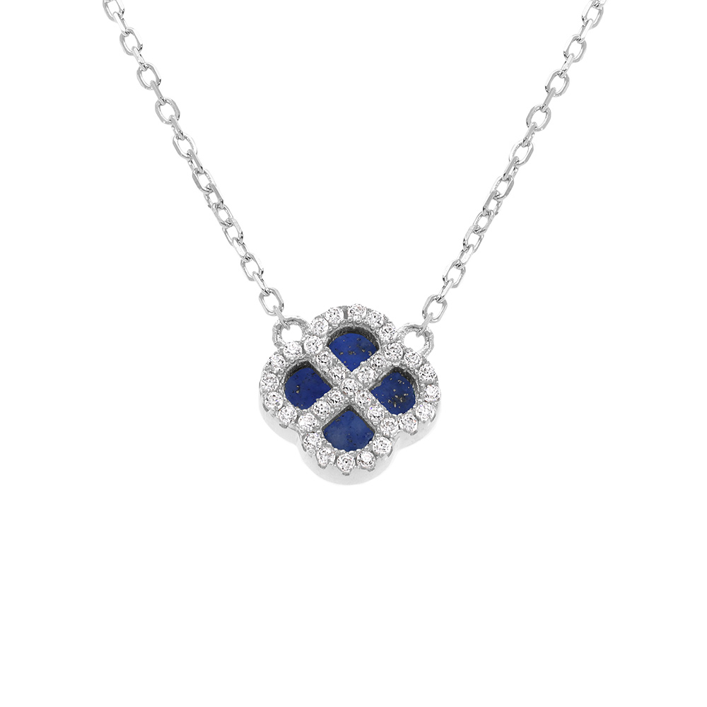 Collier en argent rhodi� pendentif tr�fle agate bleue v�ritable contour oxydes blancs - 40+5cm - Vue 1
