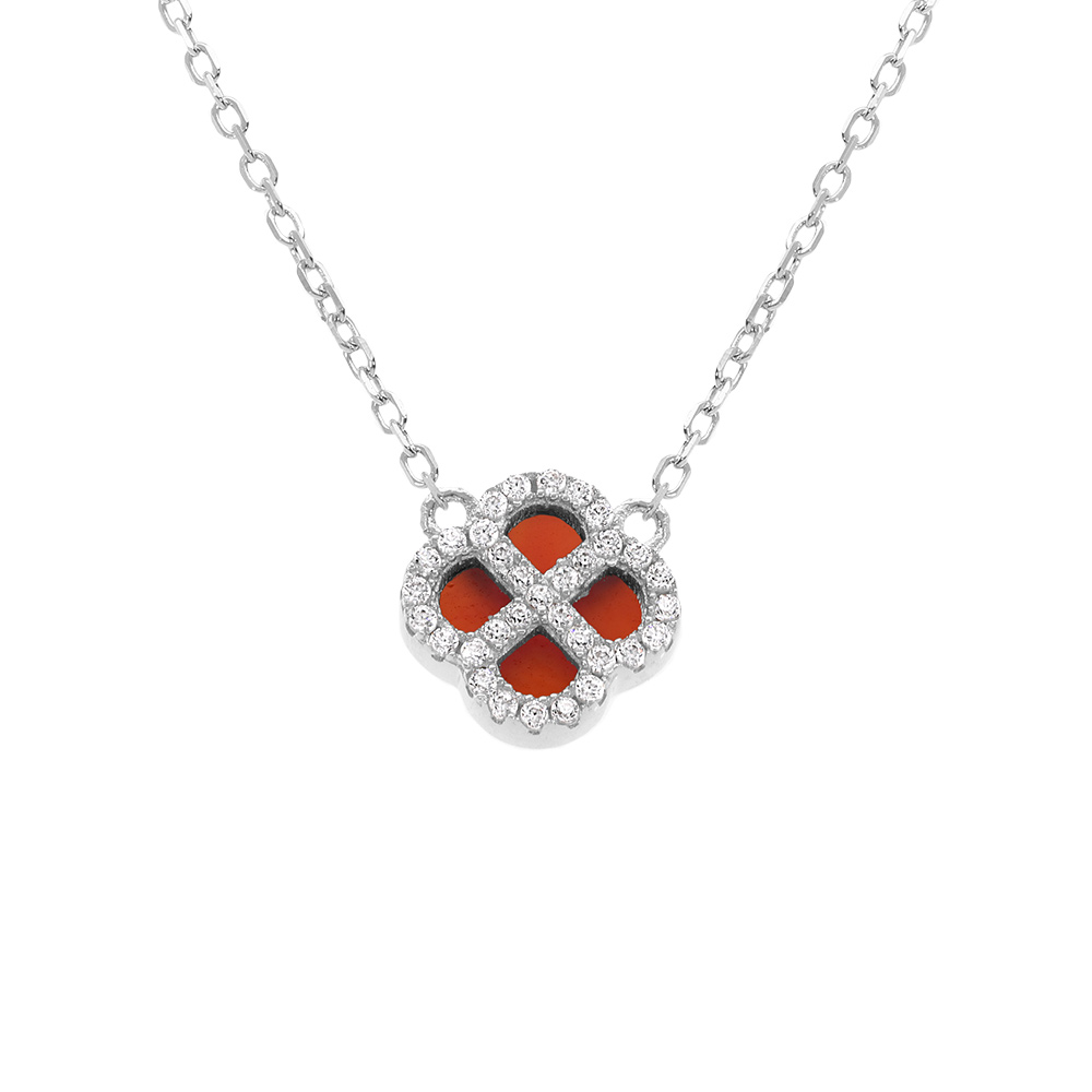 Collier en argent rhodi� pendentif tr�fle agate rouge v�ritable contour oxydes blancs  40+5cm - Vue 1