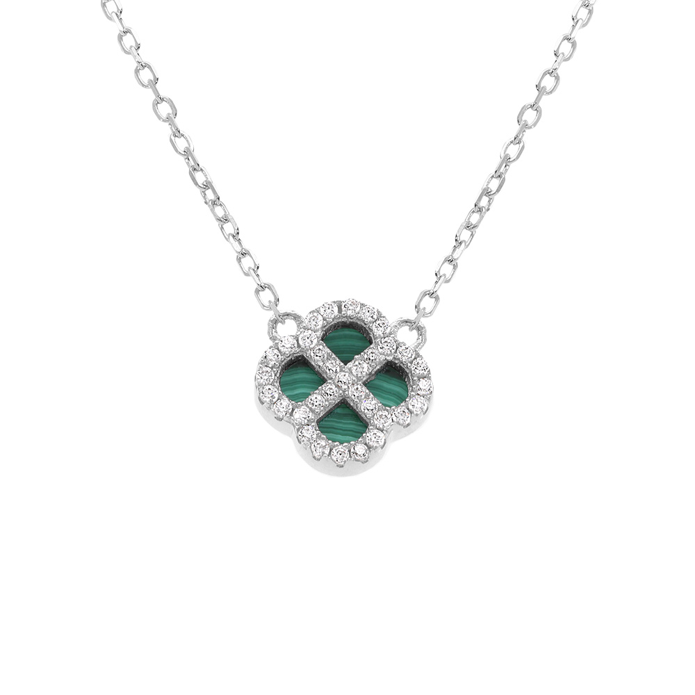 Collier en argent rhodi� pendentif tr�fle malachite v�ritable contour oxydes blancs -40+5cm - Vue 1