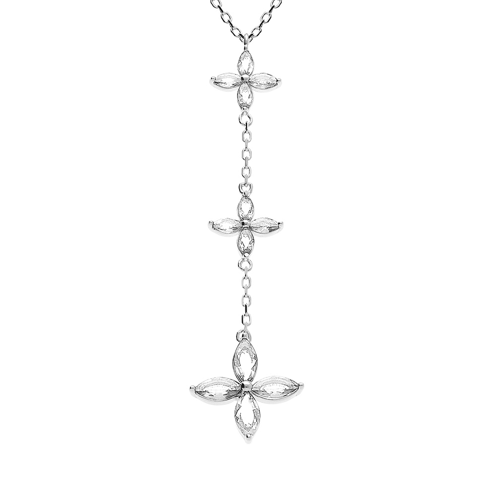 Collier en argent rhodi pendentif trois fleurs avec oxydes blancs serti  - 40+4cm - Vue 1