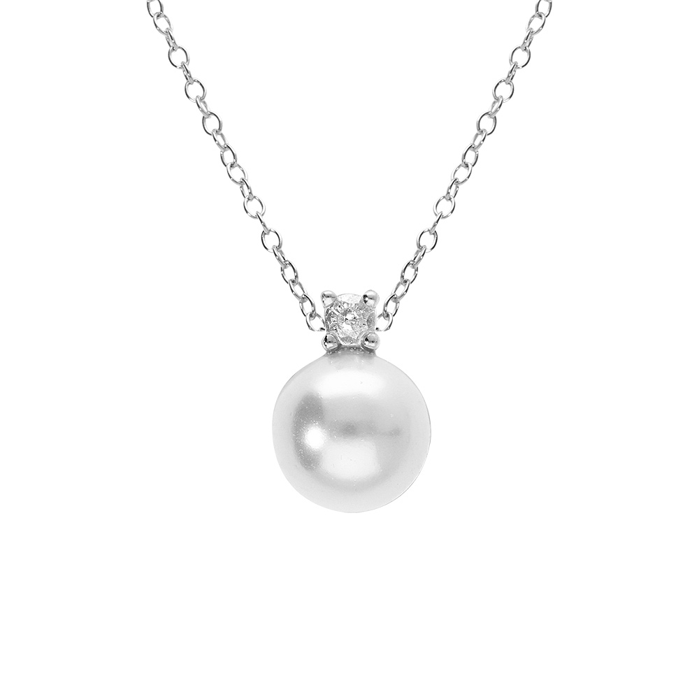 Collier en argent rhodi� perle blanche imitation 10mm et oxyde blanc - 42+3cm - Vue 1