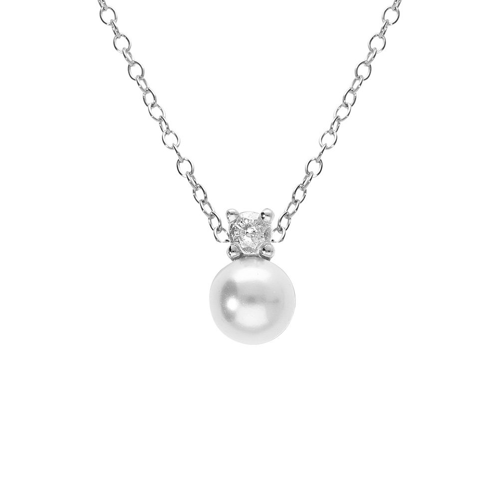 Collier en argent rhodi� perle blanche imitation 6mm et oxyde blanc - 42+3cm - Vue 1