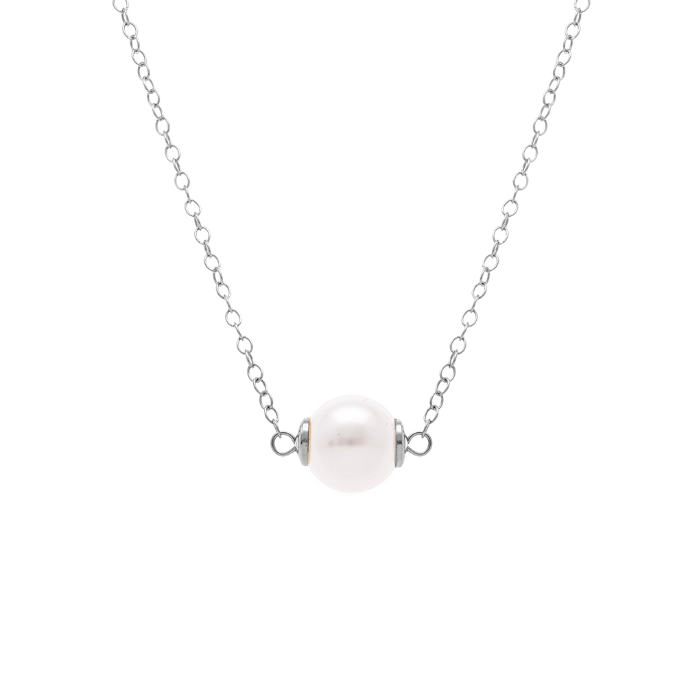 Collier en argent rhodi� perle blanche imitation 8mm  - 40+5cm - Vue 1