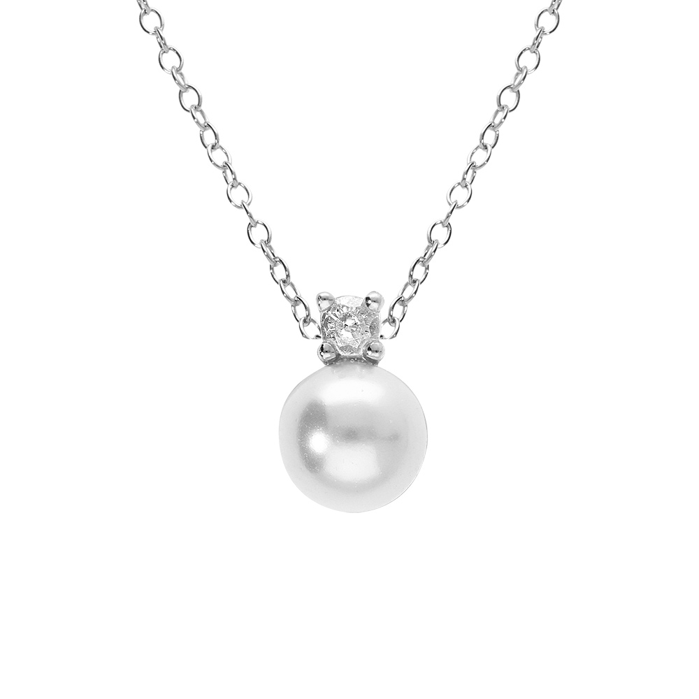 Collier en argent rhodi� perle blanche imitation 8mm et oxyde blanc  - 42+3cm - Vue 1