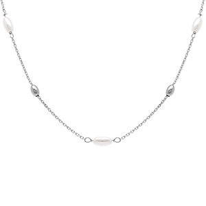 Collier en argent rhodi perle blanche imitation et olives - 38+5cm