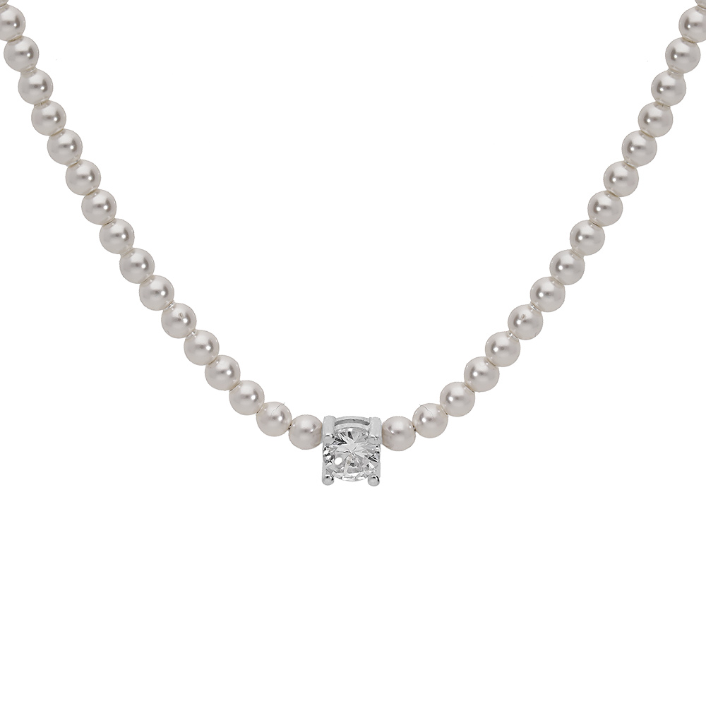 Collier en argent rhodi� perles blanches de synth�se et 1 oxyde blanc serti 38+4cm - Vue 1