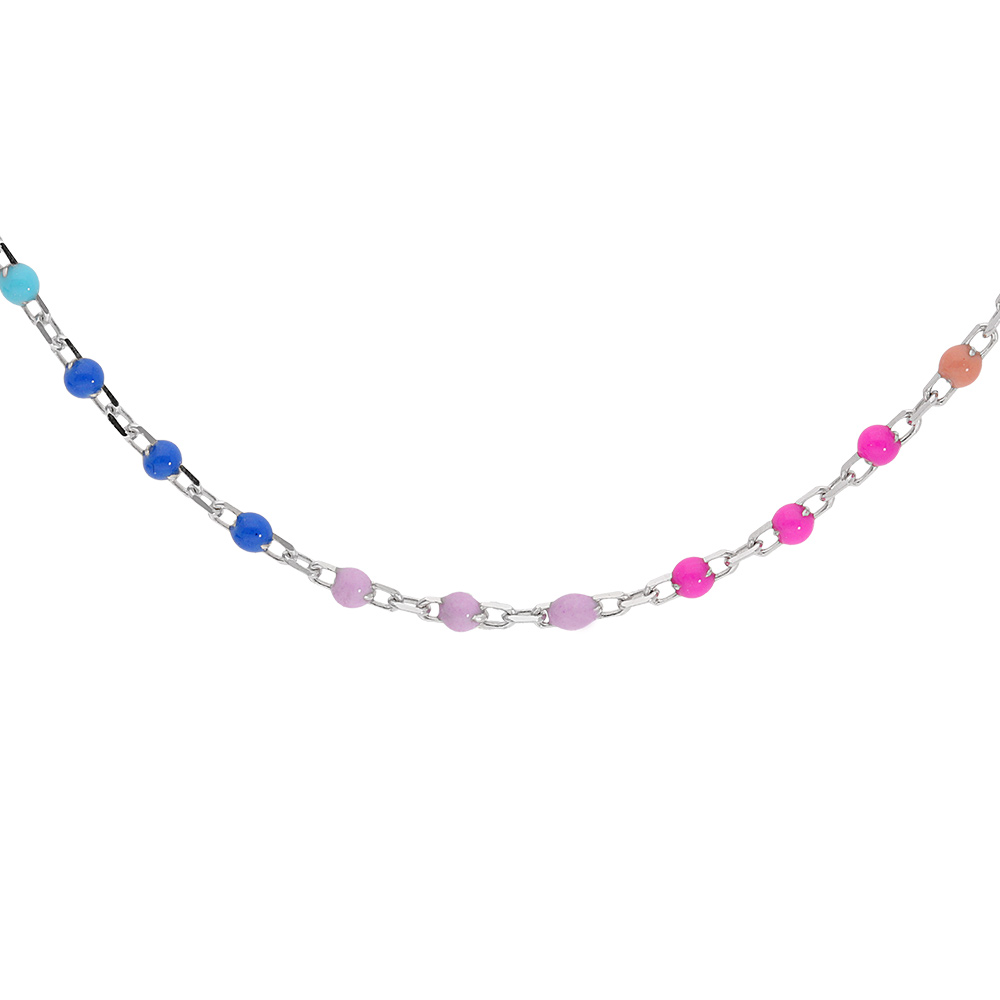 Collier en argent rhodi� rang�e d\'oxydes multicolores d�grad� rose � vert arc-en-ciel longueur 40+5cm - Vue 1