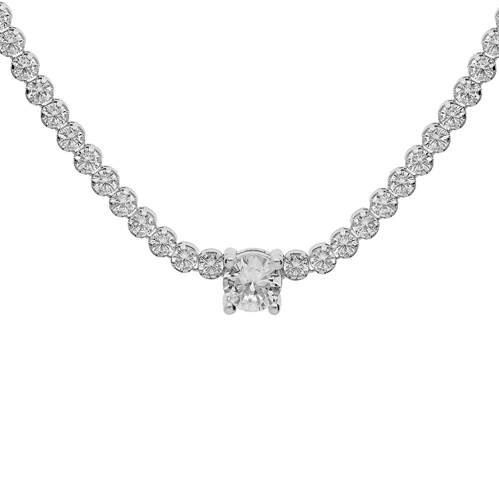 Collier en argent rhodi� rivi�re d\'oxydes blancs sertis et gros oxyde blanc au centre 40+4cm - Vue 1
