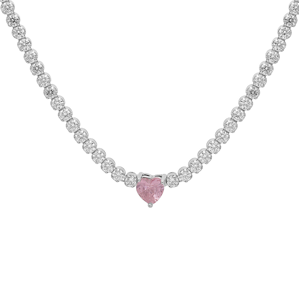 Collier en argent rhodi� rivi�red\' oxydes blancs et coeur oxyde rose au centre 40+4cm - Vue 1