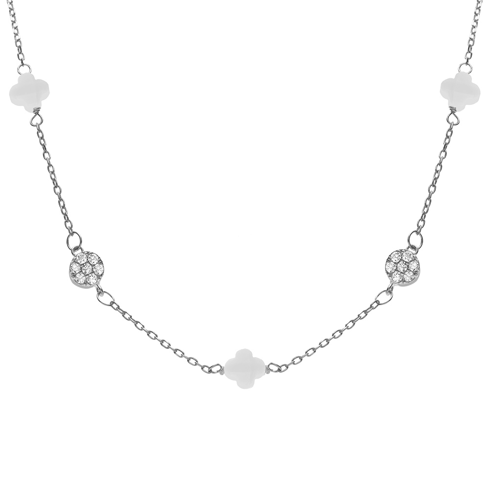 Collier en argent rhodi� tr�fle en verre blanc et fleurs oxydes blancs 42+3cm - Vue 1