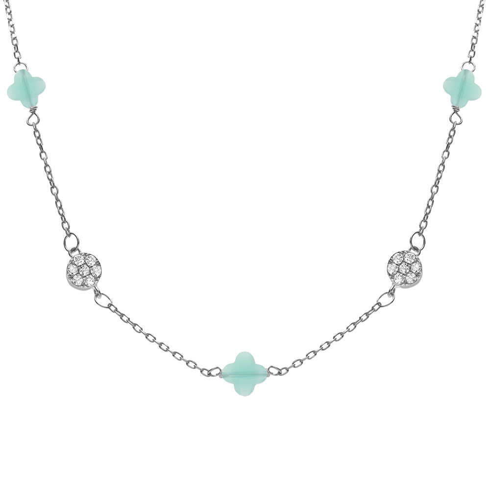 Collier en argent rhodi� tr�fle en verre bleu glacial et fleurs oxydes blancs 42+3cm - Vue 1