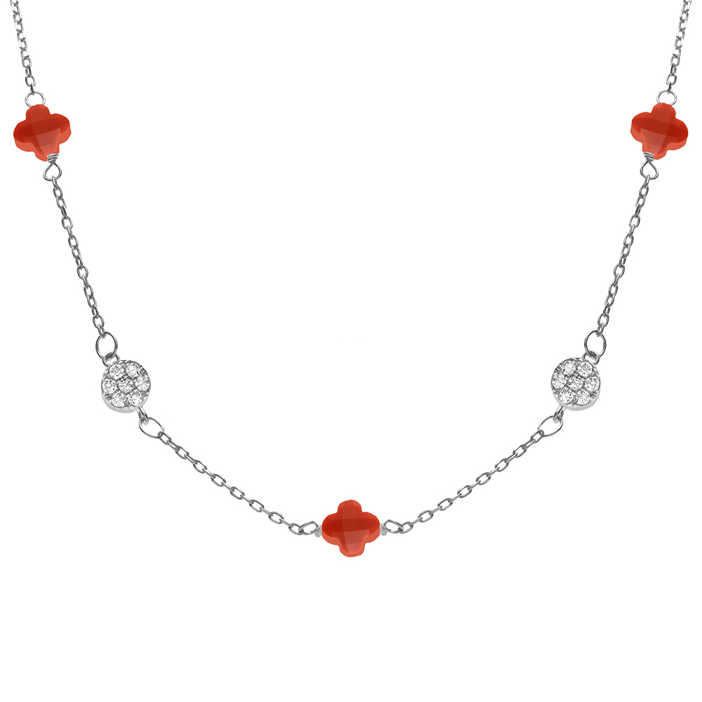 Collier en argent rhodi� tr�fle en verre corail et pastille oxydes blancs 42+3cm - Vue 1