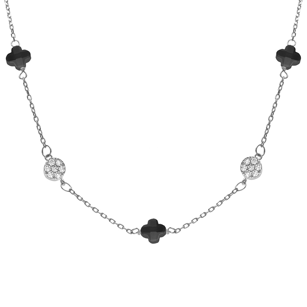Collier en argent rhodi� tr�fle en verre noir et fleurs oxydes blancs 42+3cm - Vue 1