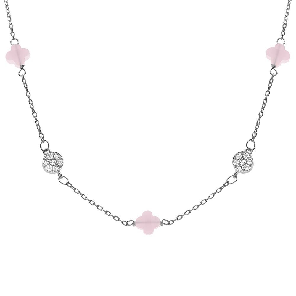 Collier en argent rhodi� tr�fle en verre rose et fleurs oxydes blancs 42+3cm - Vue 1