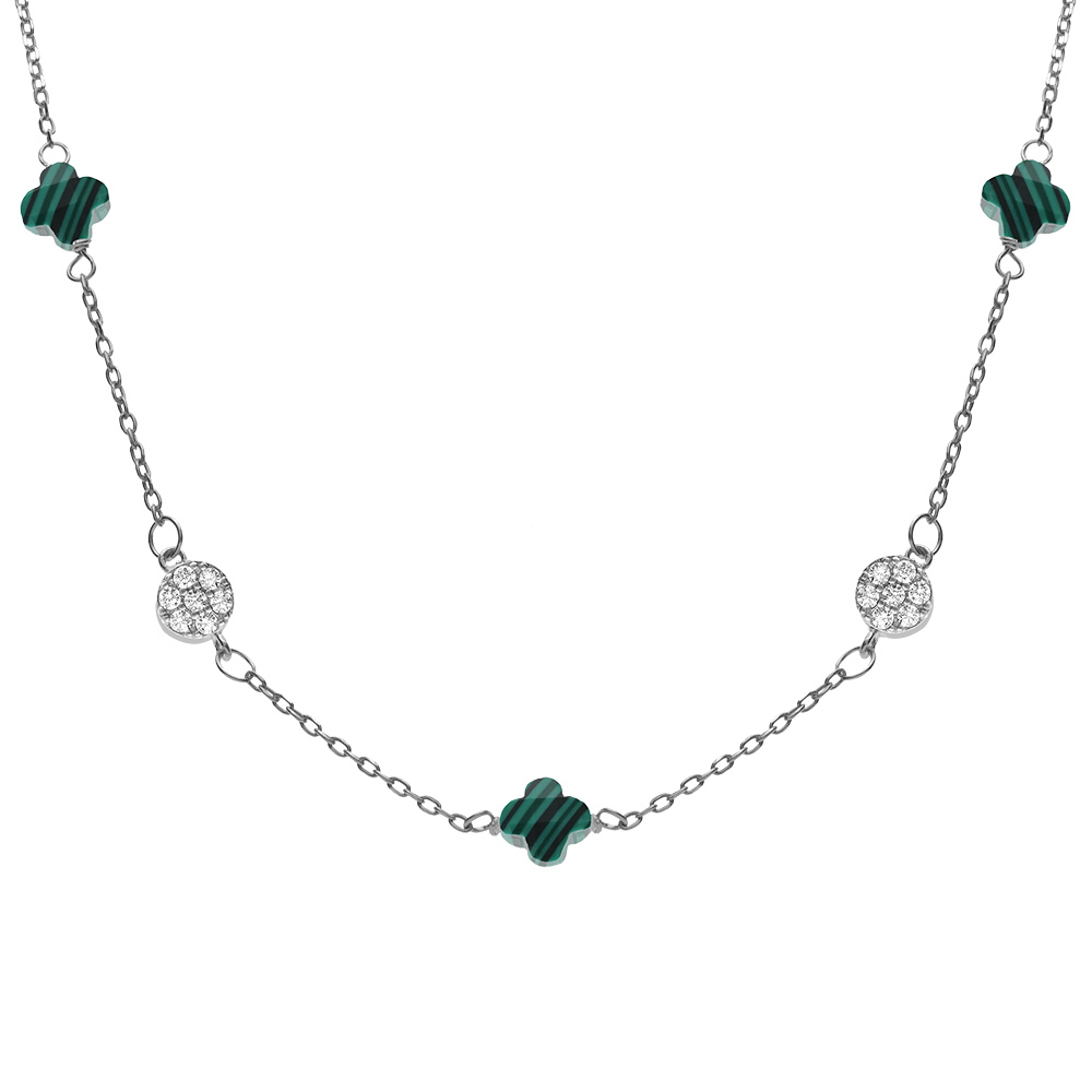 Collier en argent rhodi� tr�fle en verre vert malachite imitation et fleurs oxydes blancs - 42+3cm - Vue 1