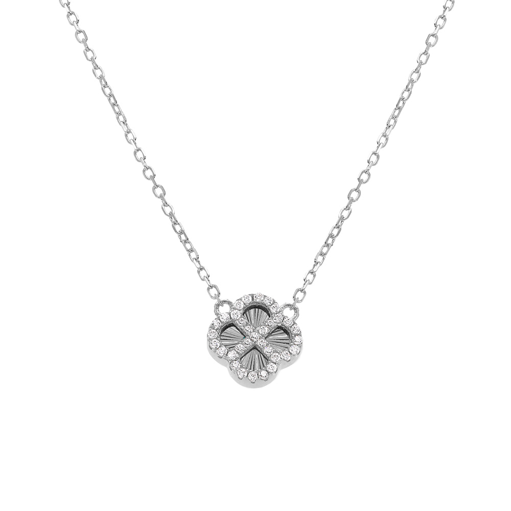 Collier en argent rhodi� tr�fle sur fond diamant� contour oxydes blancs - 40+5cm - Vue 1