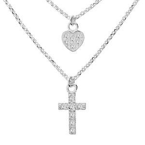 Collier en argent rhodi triple chane avec pendentifs coeur et croix 35+5cm - Vue 1